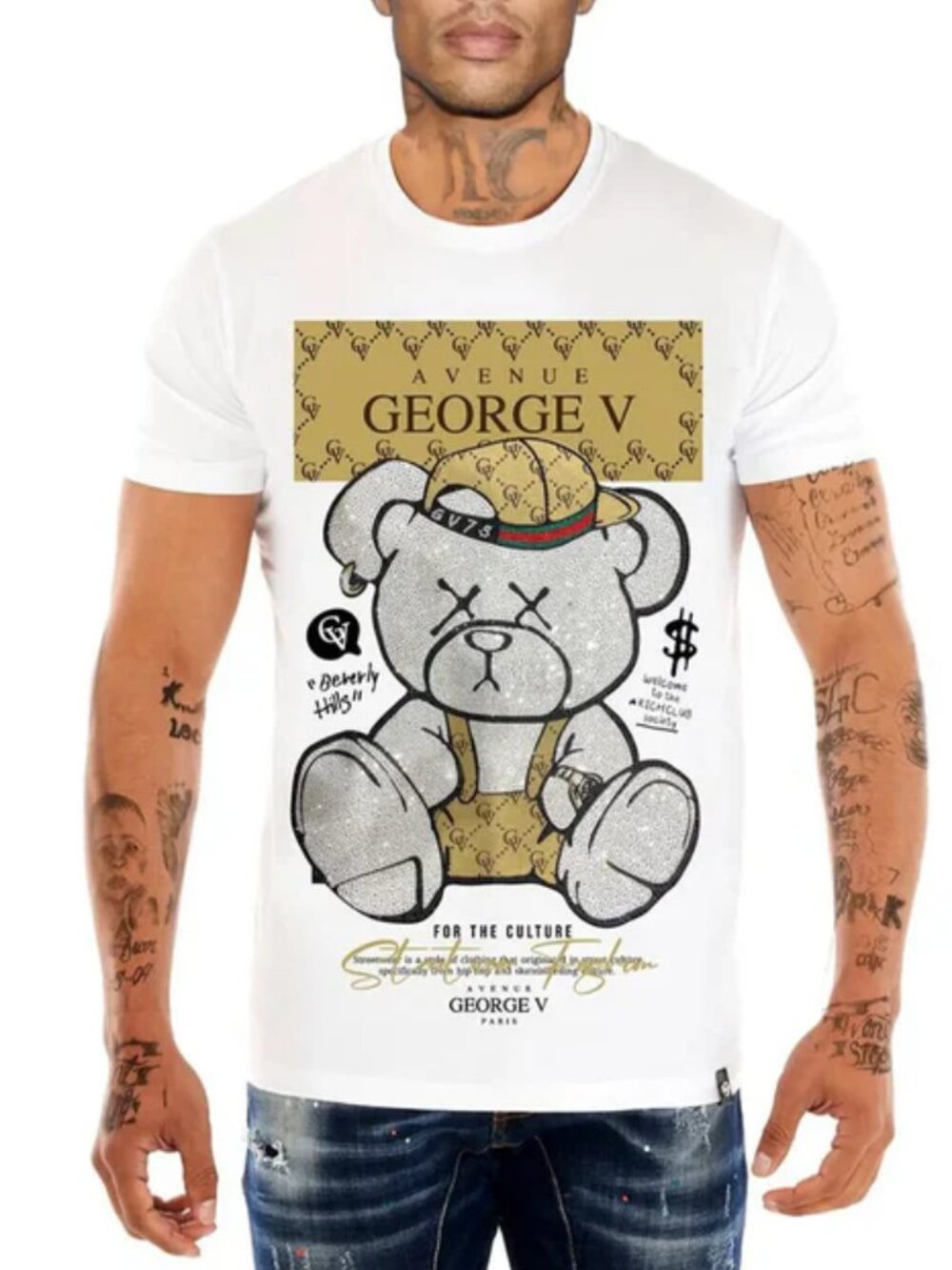 Avenue George V Paris Men's White T-Shirt rhinestone Teddy Bear fitted Tee 2XL